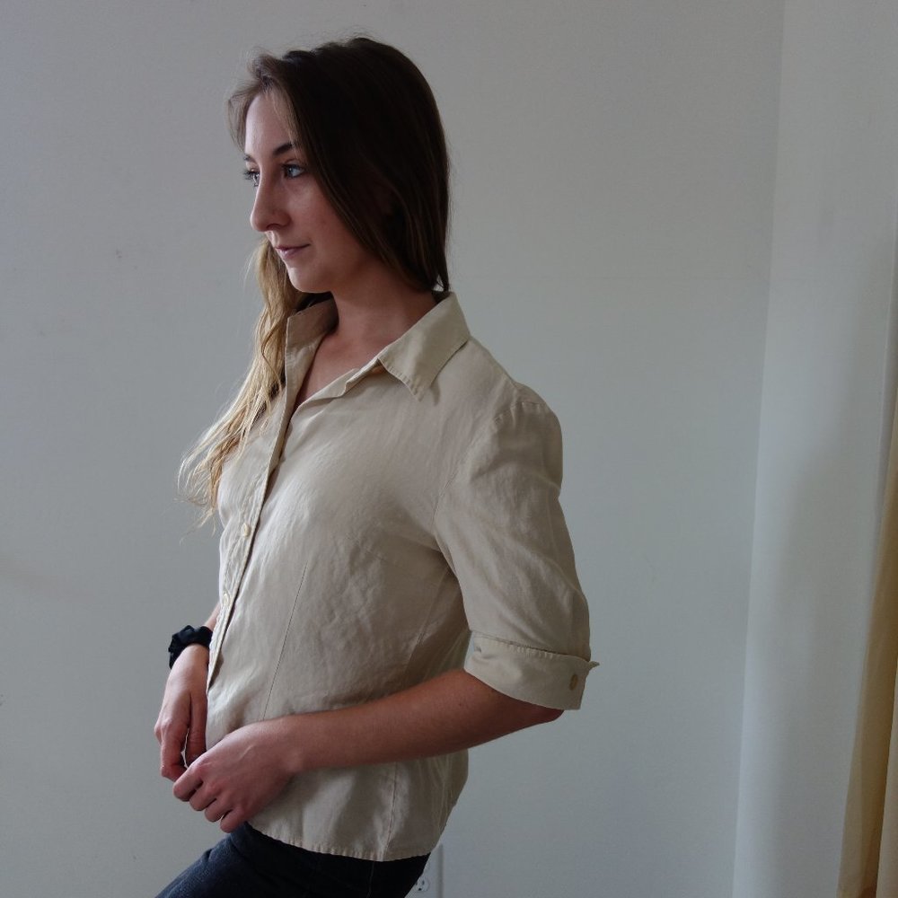White Silk/Linen Button Up Blouse Collared Shirt